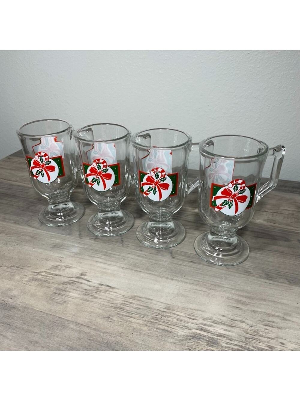 VTG Home Interiors & Gifts Clear Glass Candy Cane Christmas Mugs Set of 4 NIB